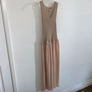 Crotchet and Pleated Dress - Tan/Light Pink - Small